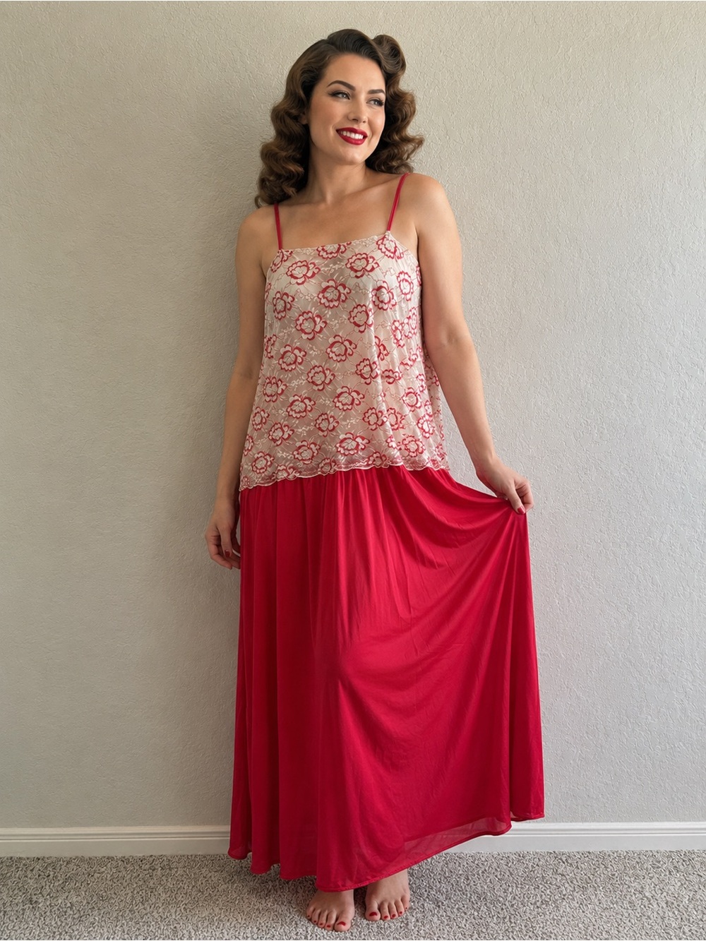 Vintage Lace Coral Chemise Nightgown - Picture 1 of 11